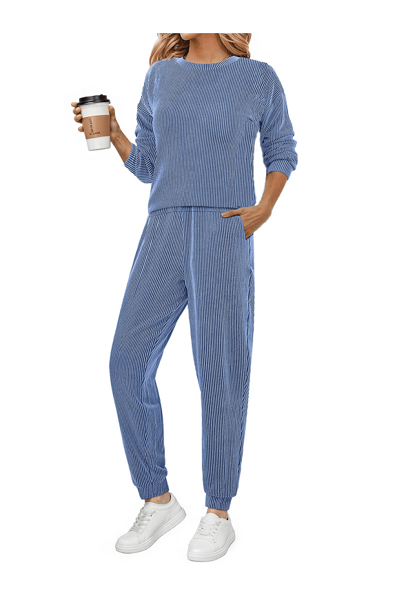 Two Piece Sets for Women Crewneck Long Sleeve Ribbed Sweatsuits Pullover Lounge Set with Pockets Casual Tracksuit Fall Outfits