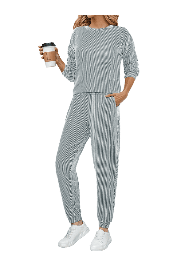Two Piece Sets for Women Crewneck Long Sleeve Ribbed Sweatsuits Pullover Lounge Set with Pockets Casual Tracksuit Fall Outfits
