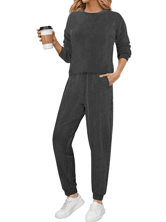 Two Piece Sets for Women Crewneck Long Sleeve Ribbed Sweatsuits Pullover Lounge Set with Pockets Casual Tracksuit Fall Outfits
