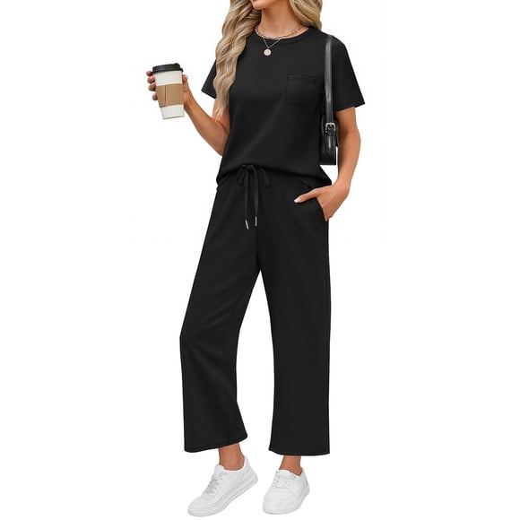 Fantaslook 2 Piece Sets for Women Casual Summer Travel Vacation Outfits Short Sleeve Tops Wide Leg Pants Lounge Sets