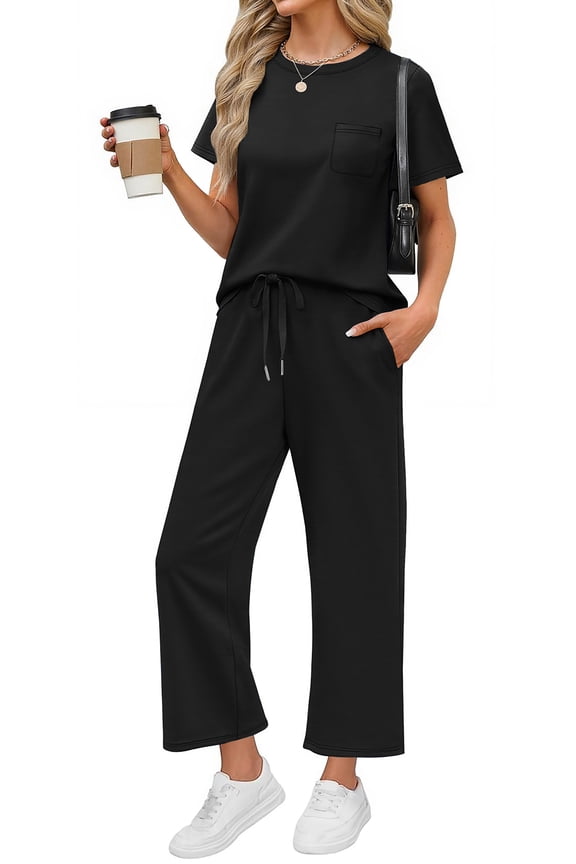 2 Piece Sets for Women Casual Summer Travel Vacation Outfits Short Sleeve Tops Wide Leg Pants Lounge Sets