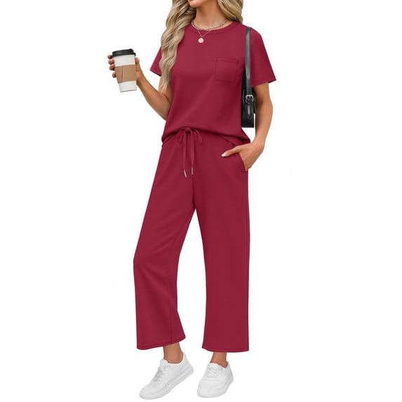 Fantaslook 2 Piece Sets for Women Casual Summer Travel Vacation Outfits Short Sleeve Tops Wide Leg Pants Lounge Sets