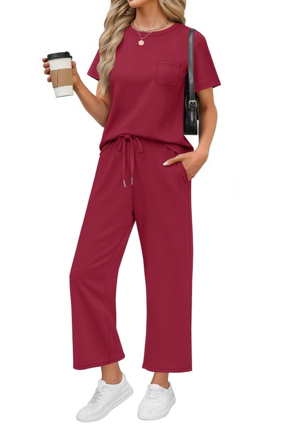 2 Piece Sets for Women Casual Summer Travel Vacation Outfits Short Sleeve Tops Wide Leg Pants Lounge Sets