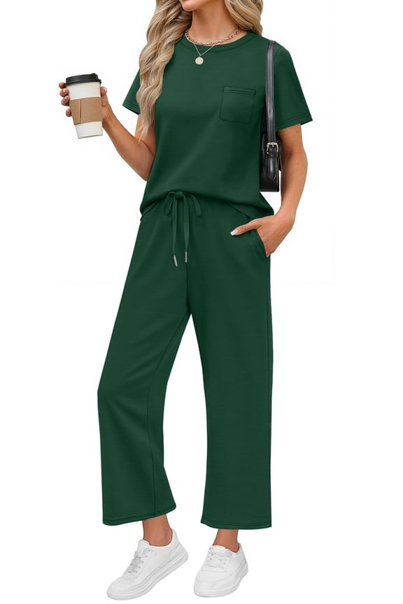 2 Piece Sets for Women Casual Summer Travel Vacation Outfits Short Sleeve Tops Wide Leg Pants Lounge Sets