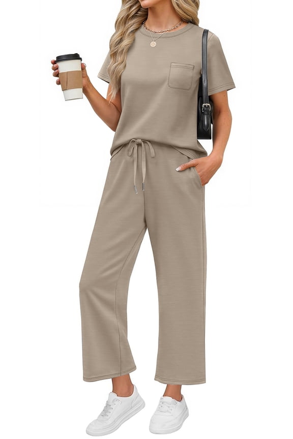 2 Piece Sets for Women Casual Summer Travel Vacation Outfits Short Sleeve Tops Wide Leg Pants Lounge Sets