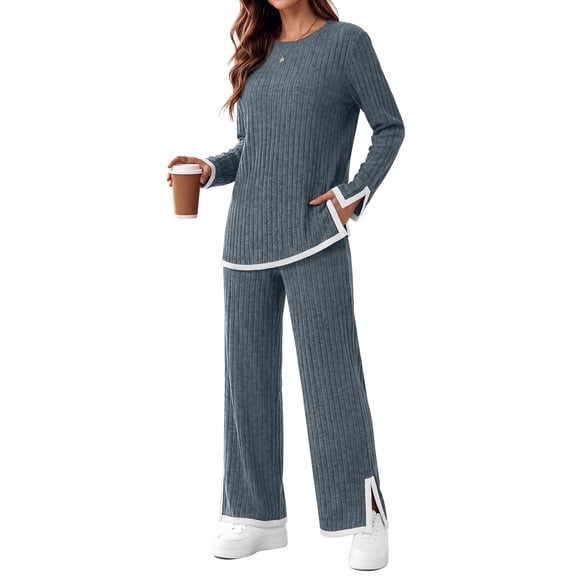 Fantaslook 2 Piece Sets for Women Travel Outfits Color Block Long Sweater Lounge Sets Splits Hem Tracksuits with Pockets
