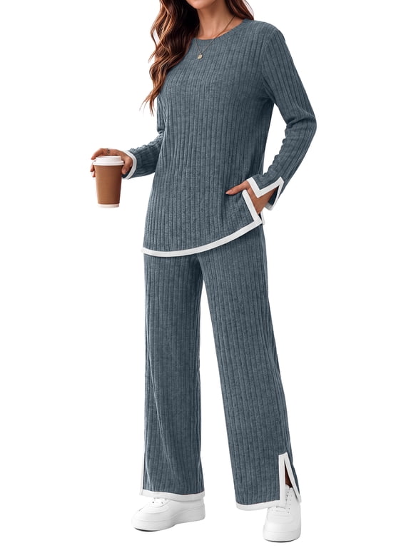 2 Piece Sets for Women Travel Outfits Color Block Long Sweater Lounge Sets Splits Hem Tracksuits with Pockets