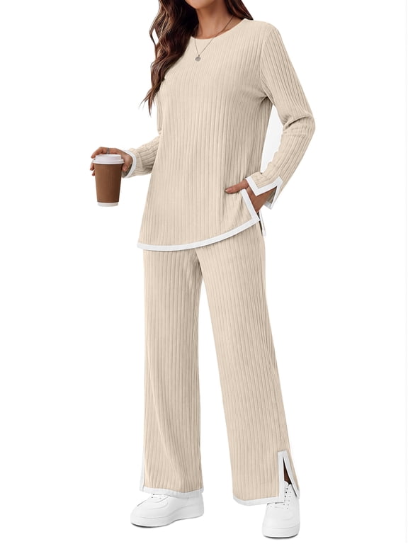 2 Piece Sets for Women Travel Outfits Color Block Long Sweater Lounge Sets Splits Hem Tracksuits with Pockets