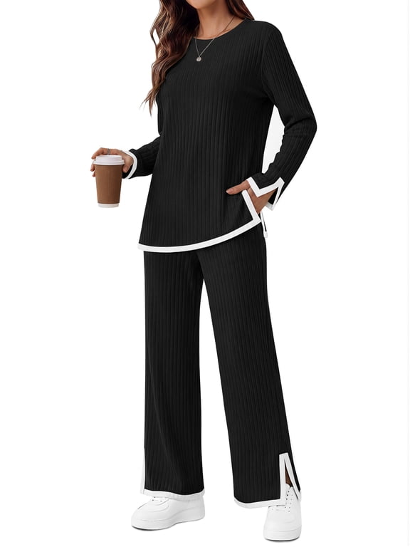 2 Piece Sets for Women Travel Outfits Color Block Long Sweater Lounge Sets Splits Hem Tracksuits with Pockets