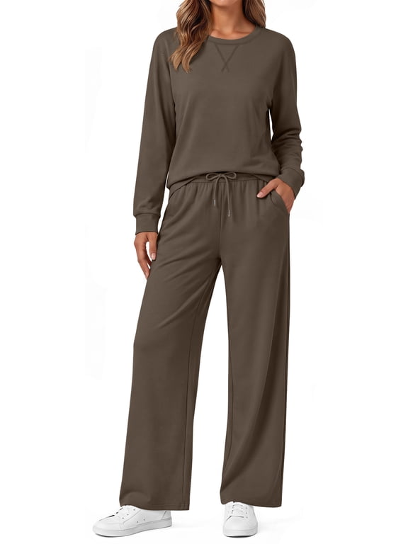 2 Piece Womens Lounge Sets Casual Travel Outfits Fall Matching Sweatsuits Long Sleeve Sweatshirt and Wid Leg Pant Pajamas Set