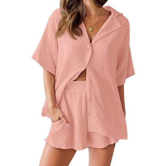 Fantaslook 2 Piece Womens Outfit Sets Button Down Shirts and Shorts Casual Lounge Sets Short Sleeve Pajamas Sets Summer Loungewear