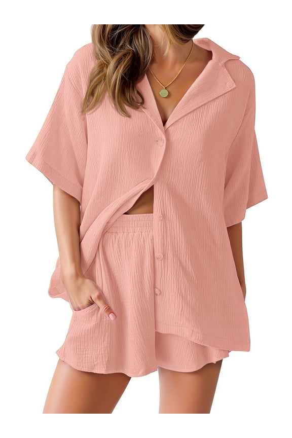2 Piece Womens Outfit Sets Button Down Shirts and Shorts Casual Lounge Sets Short Sleeve Pajamas Sets Summer Loungewear