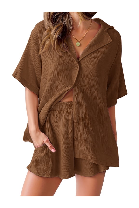 2 Piece Womens Outfit Sets Button Down Shirts and Shorts Casual Lounge Sets Short Sleeve Pajamas Sets Summer Loungewear