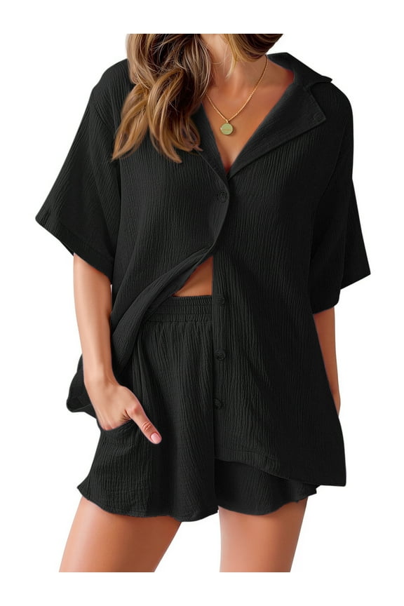 2 Piece Womens Outfit Sets Button Down Shirts and Shorts Casual Lounge Sets Short Sleeve Pajamas Sets Summer Loungewear