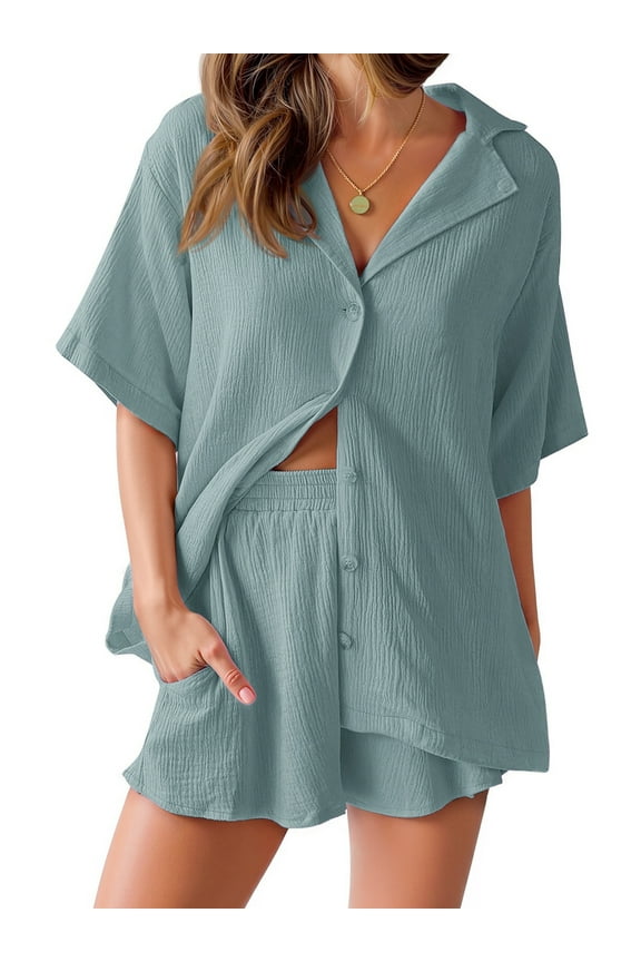 2 Piece Womens Outfit Sets Button Down Shirts and Shorts Casual Lounge Sets Short Sleeve Pajamas Sets Summer Loungewear