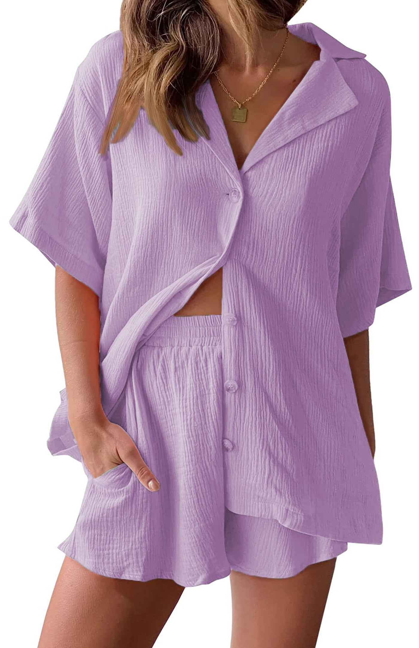 Plaid Snap Down Long Sleeve Top and Shorts Lounge Set