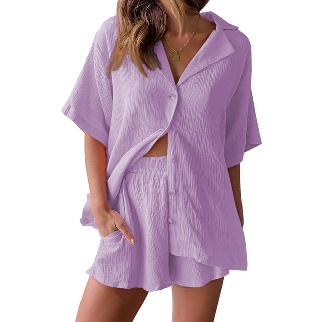 Button Down Short Sleeve Top and Shorts Lounge Set