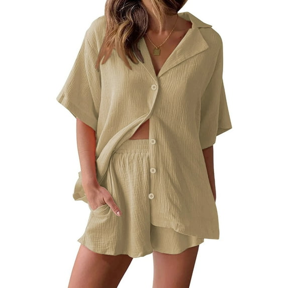 Fantaslook 2 Piece Womens Outfit Sets Button Down Shirts and Shorts Casual Lounge Sets Short Sleeve Pajamas Sets Summer Loungewear