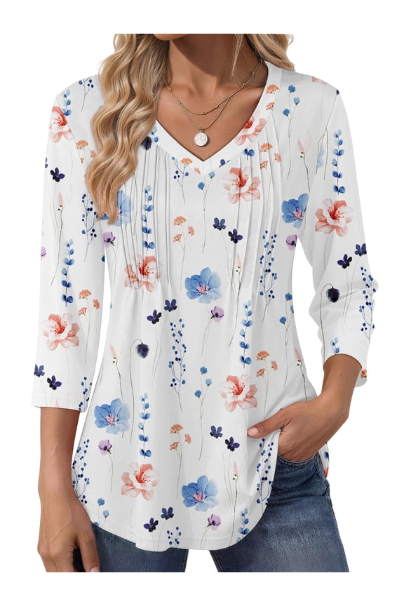 3/4 Length Sleeve Womens Tops Dressy Casual Boho Blouses V Neck Pleated Tunic Tops Work Shirts