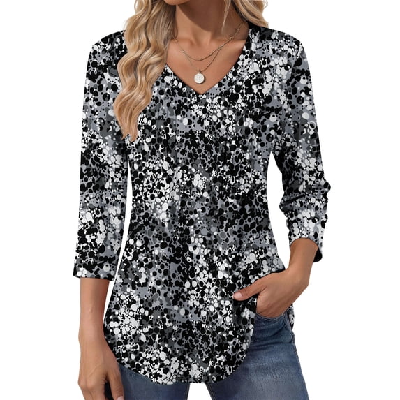 Fantaslook 3/4 Length Sleeve Womens Tops Dressy Casual Boho Blouses V Neck Pleated Tunic Tops Work Shirts
