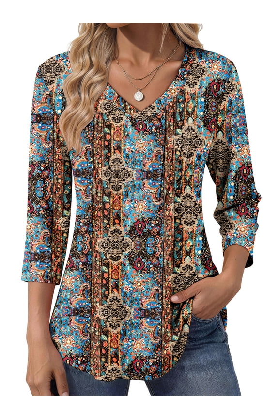 3/4 Length Sleeve Womens Tops Dressy Casual Boho Blouses V Neck Pleated Tunic Tops Work Shirts