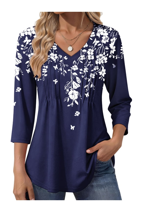 3/4 Length Sleeve Womens Tops Dressy Casual Boho Blouses V Neck Pleated Tunic Tops Work Shirts