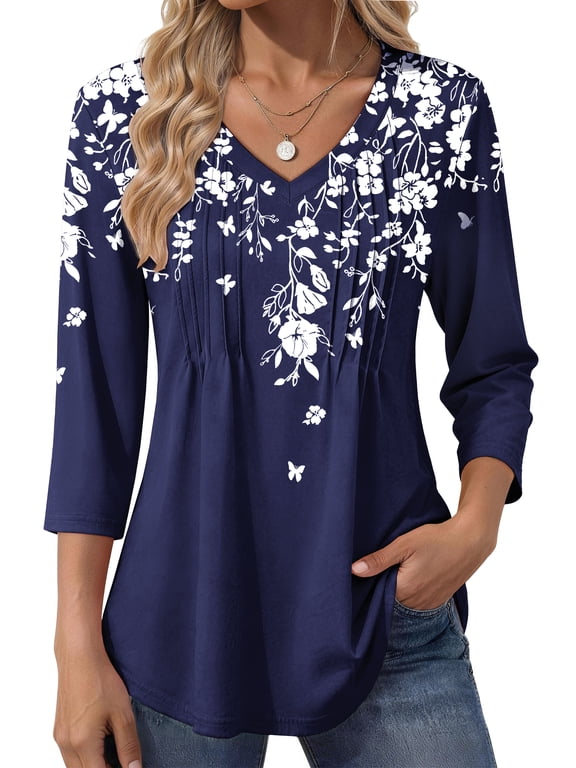 3/4 Length Sleeve Womens Tops Dressy Casual Boho Blouses V Neck Pleated Tunic Tops Work Shirts