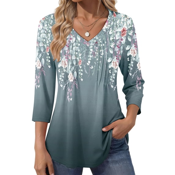 Fantaslook 3/4 Length Sleeve Womens Tops Dressy Casual Boho Blouses V Neck Pleated Tunic Tops Work Shirts