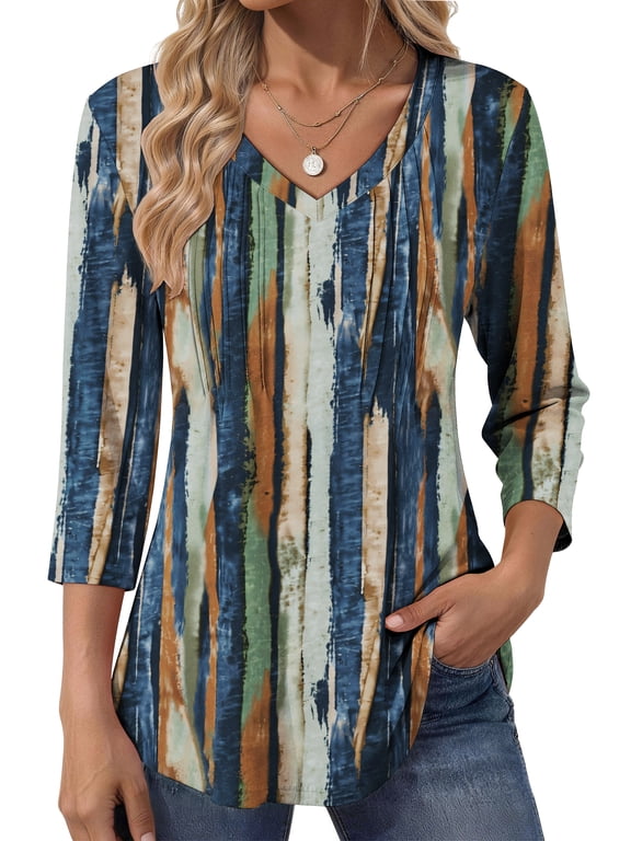3/4 Length Sleeve Womens Tops Dressy Casual Boho Blouses V Neck Pleated Tunic Tops Work Shirts