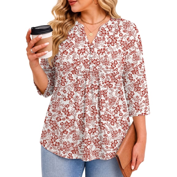 Fantaslook 3/4 Sleeve Plus Size Tops for Women Henley Neck Button Blouses Dressy Floral Tunic Work Shirts L-5XL