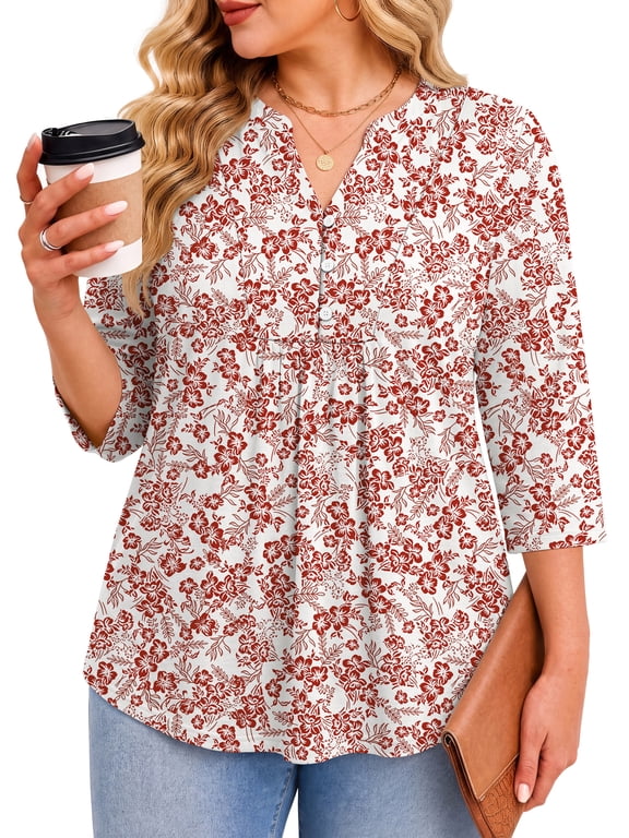 3/4 Sleeve Plus Size Tops for Women Henley Neck Button Blouses Dressy Floral Tunic Work Shirts L-5XL