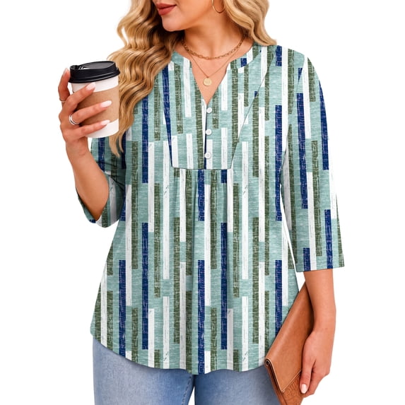 Fantaslook 3/4 Sleeve Plus Size Tops for Women Henley Neck Button Blouses Dressy Floral Tunic Work Shirts L-5XL