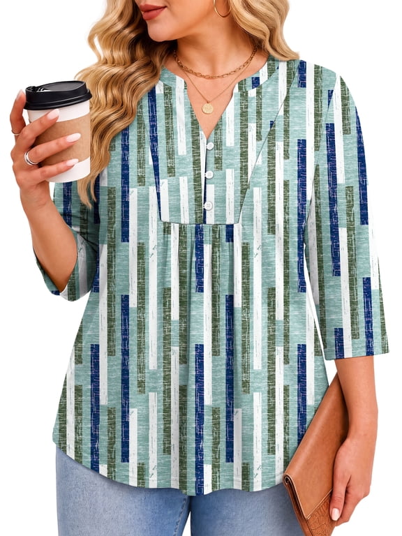 3/4 Sleeve Plus Size Tops for Women Henley Neck Button Blouses Dressy Floral Tunic Work Shirts L-5XL