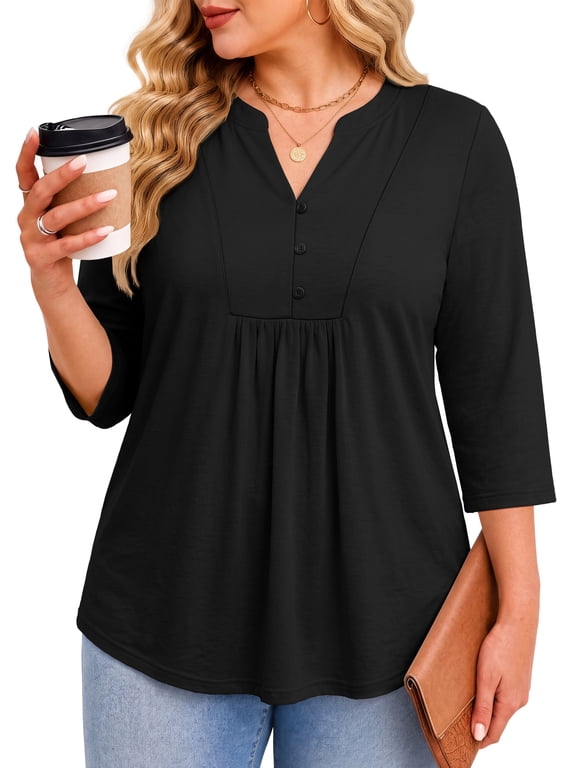 3/4 Sleeve Plus Size Tops for Women Henley Neck Button Blouses Dressy Floral Tunic Work Shirts L-5XL
