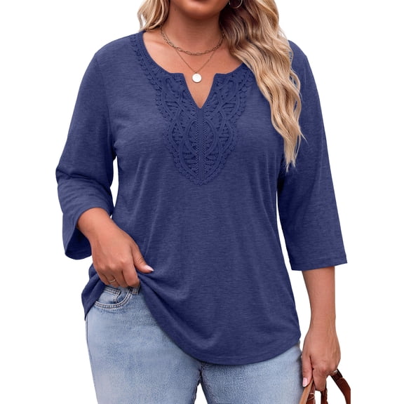 Fantaslook 3/4 Sleeve Womens Plus Size Tops V Neck Lace Blouses Casual Tunic Shirts L-5XL