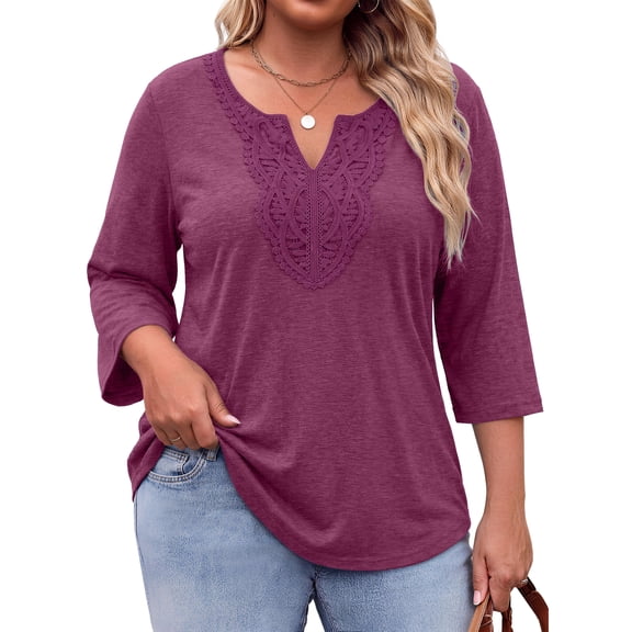 Fantaslook 3/4 Sleeve Womens Plus Size Tops V Neck Lace Blouses Casual Tunic Shirts L-5XL
