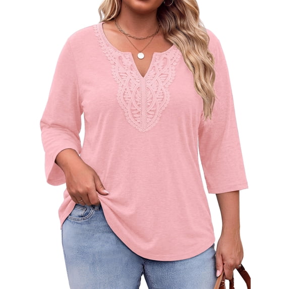 Fantaslook 3/4 Sleeve Womens Plus Size Tops V Neck Lace Blouses Casual Tunic Shirts