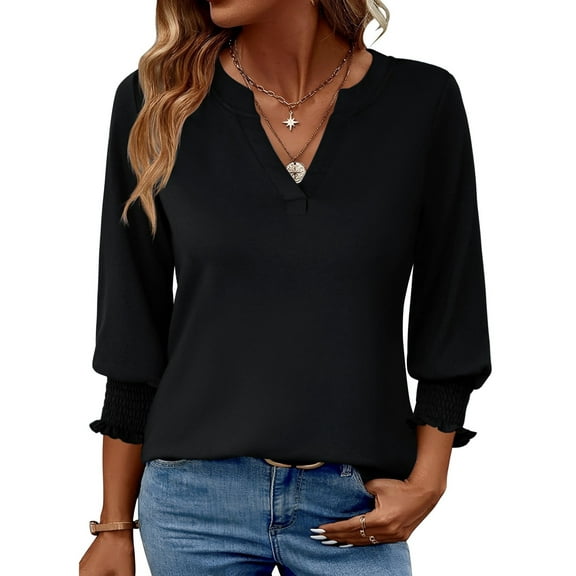 Fantaslook 3/4 Sleeve Womens Tops Dressy Casual Blouses V Neck Work Shirts Trendy Tops with Smocked Cuffs