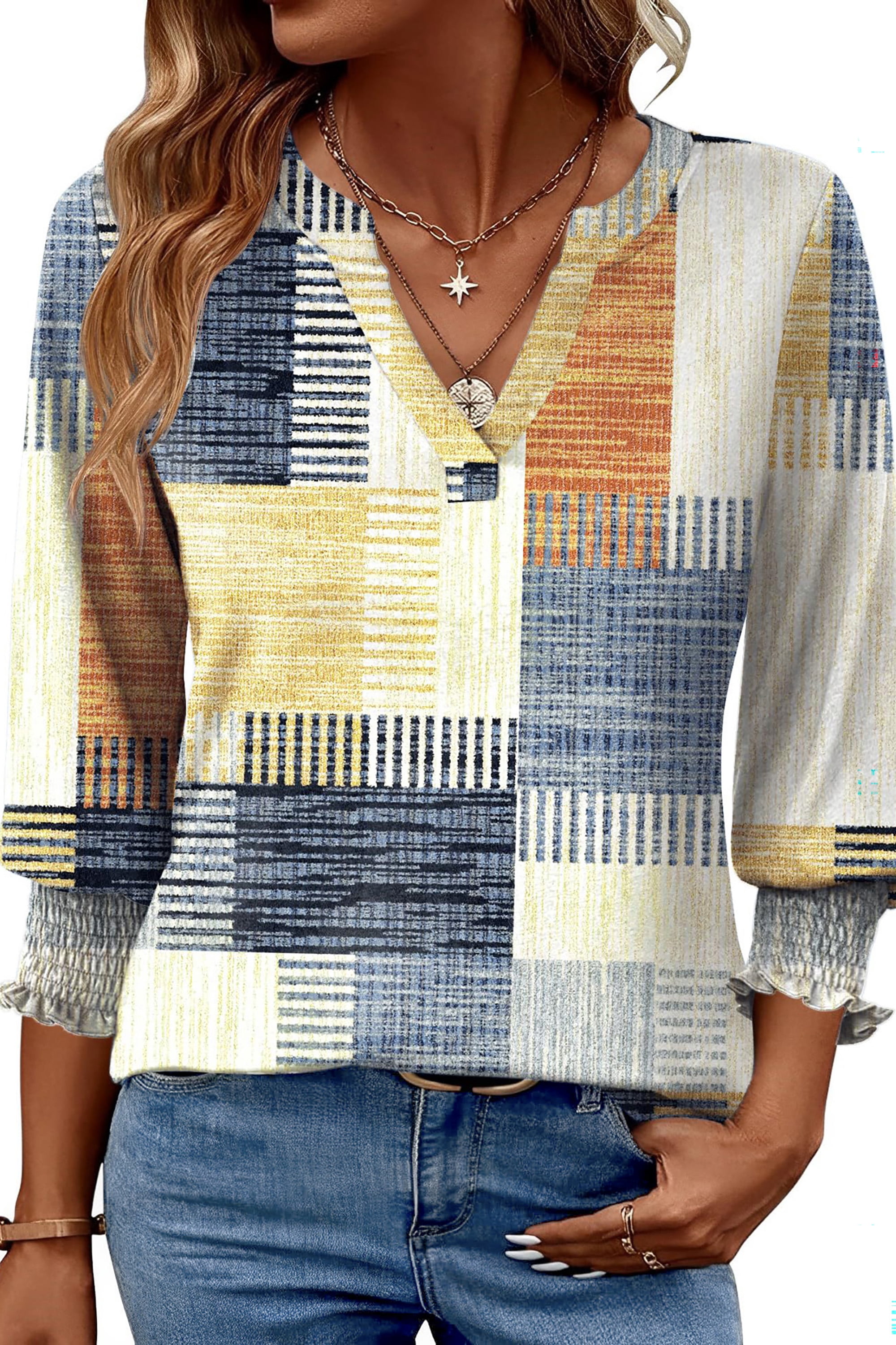3/4 Sleeve Womens Tops Dressy Casual Blouses V Neck Work Shirts Trendy Tops with Smocked Cuffs