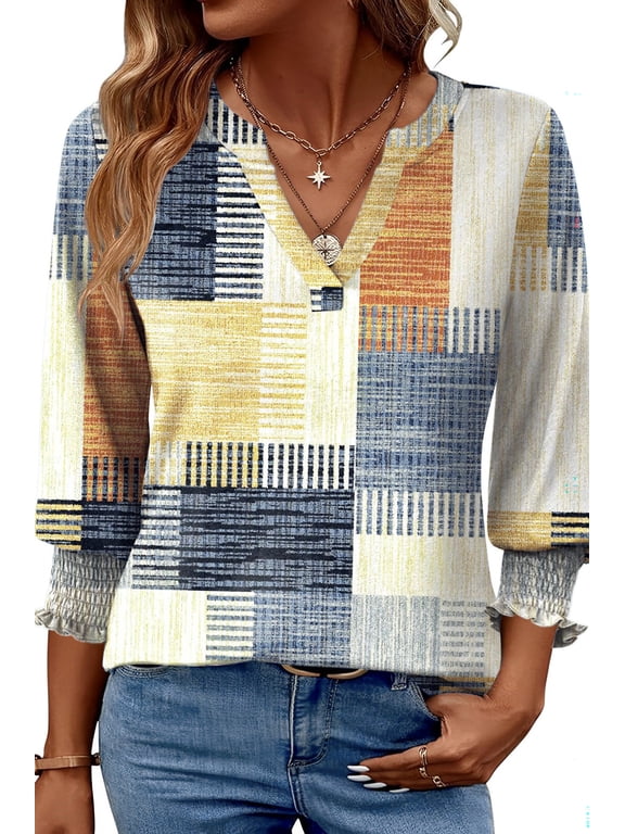 3/4 Sleeve Womens Tops Dressy Casual Blouses V Neck Work Shirts Trendy Tops with Smocked Cuffs