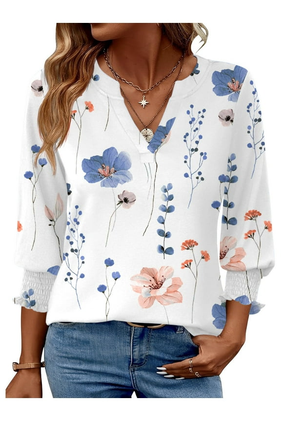 3/4 Sleeve Womens Tops Dressy Casual Blouses V Neck Work Shirts Trendy Tops with Smocked Cuffs