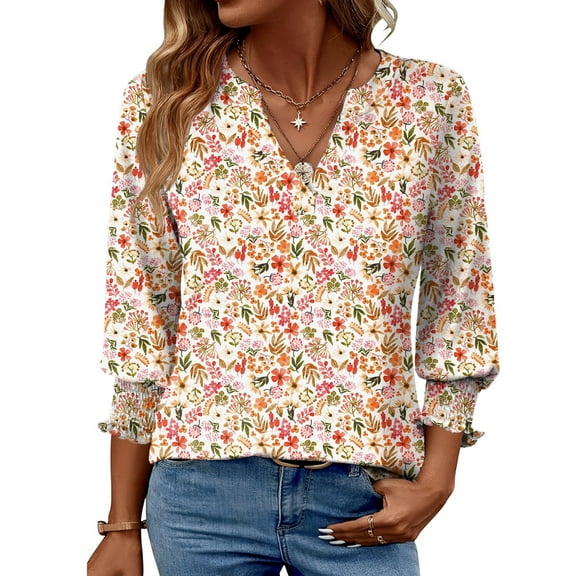 Fantaslook 3/4 Sleeve Womens Tops Dressy Casual Blouses V Neck Work Shirts Trendy Tops with Smocked Cuffs