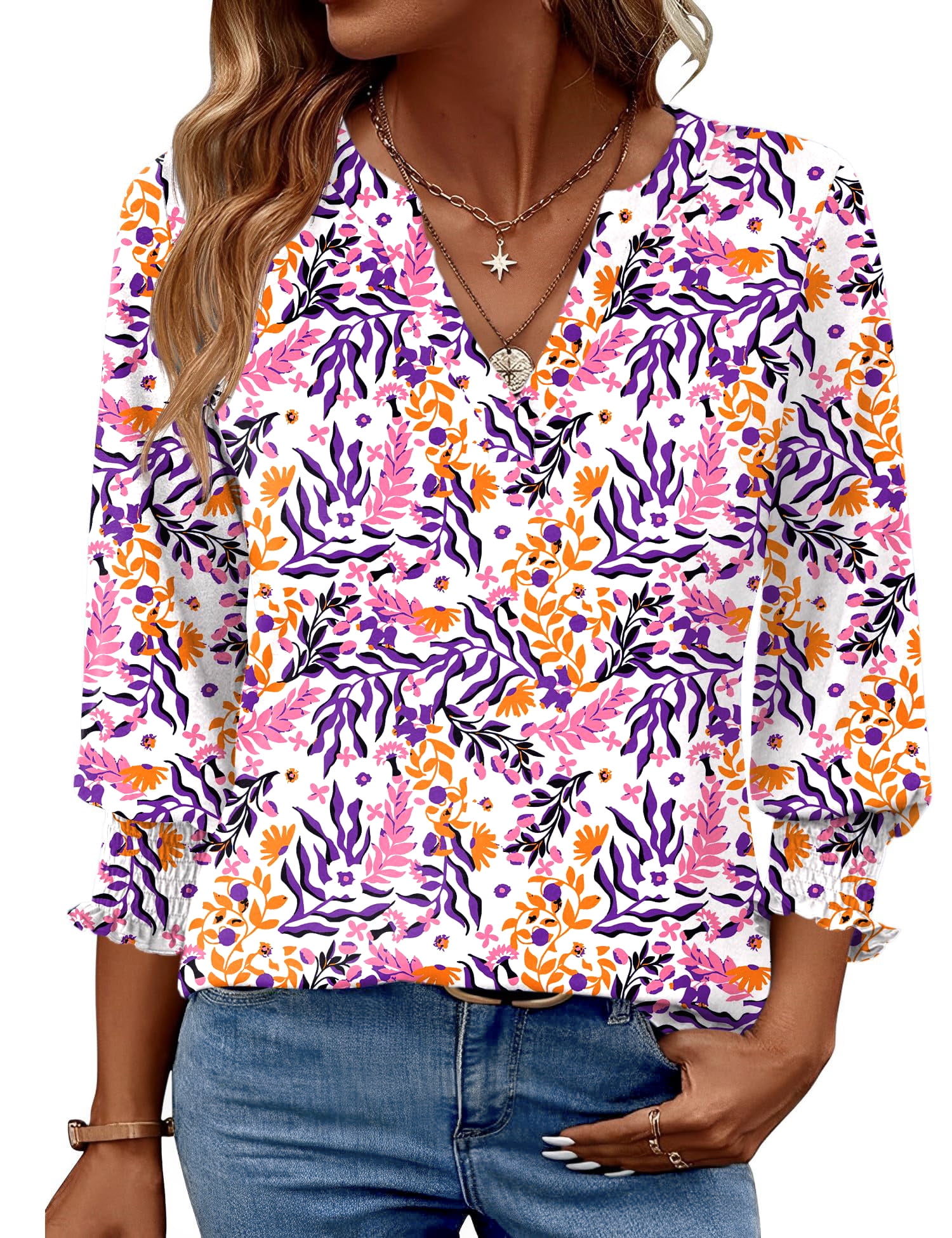 Fantaslook 3/4 Sleeve Womens Tops Dressy Casual Blouses V Neck Work ...