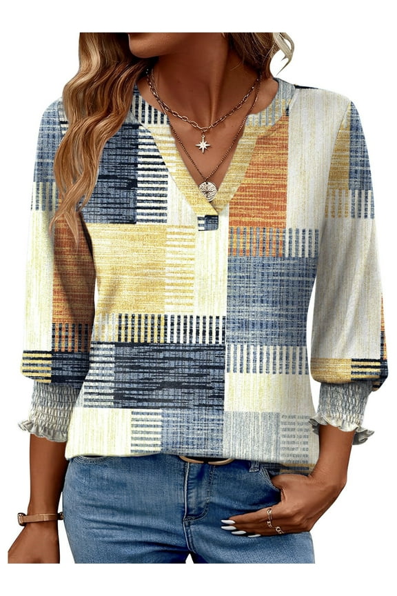 3/4 Sleeve Womens Tops Dressy Casual Blouses V Neck Work Shirts Trendy Tops with Smocked Cuffs