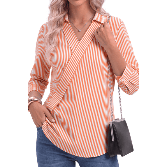 Fantaslook Striped Tops for Womens 3/4 Sleeve V Neck Shirts Dressy Casual Business Work Blouses Trendy Lapel Tops