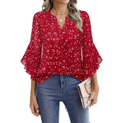Fantaslook Blouses for Women 3/4 Ruffle Sleeve Summer Tops V Neck Business Work Blouse Dressy Casual Loose Shirts