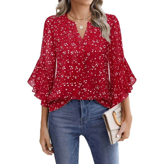Fantaslook Blouses for Women 3/4 Ruffle Sleeve Summer Tops V Neck Business Work Blouse Dressy Casual Shirts