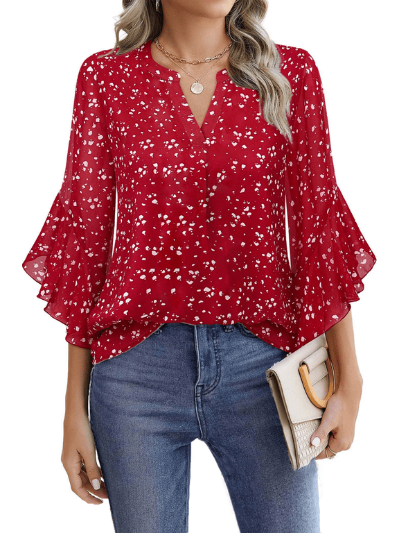 Blouses for Women 3/4 Ruffle Sleeve Summer Tops V Neck Business Work Blouse Dressy Casual Shirts