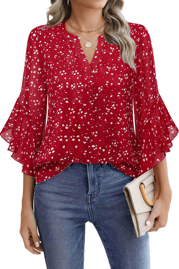 Blouses for Women 3/4 Ruffle Sleeve Summer Tops V Neck Business Work Blouse Dressy Casual Loose Shirts