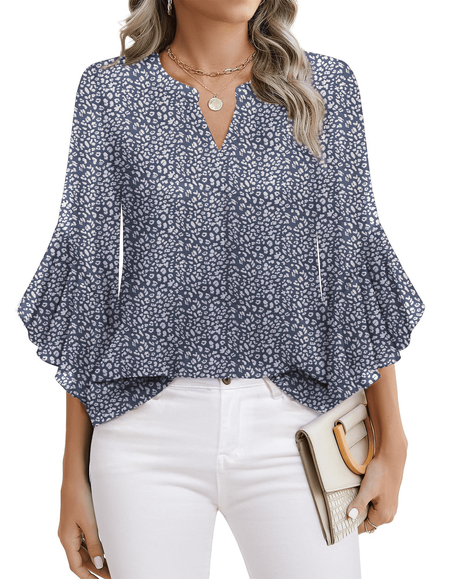 Fantaslook Blouses for Women 3/4 Ruffle Sleeve Summer Tops V Neck ...